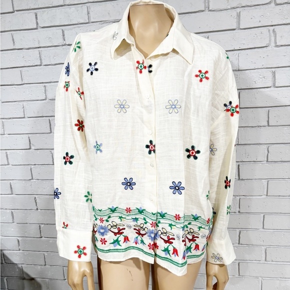 Zara Flower Patterns Casual Style Linen Blend Long Sleeves - Size Large - Picture 1 of 7